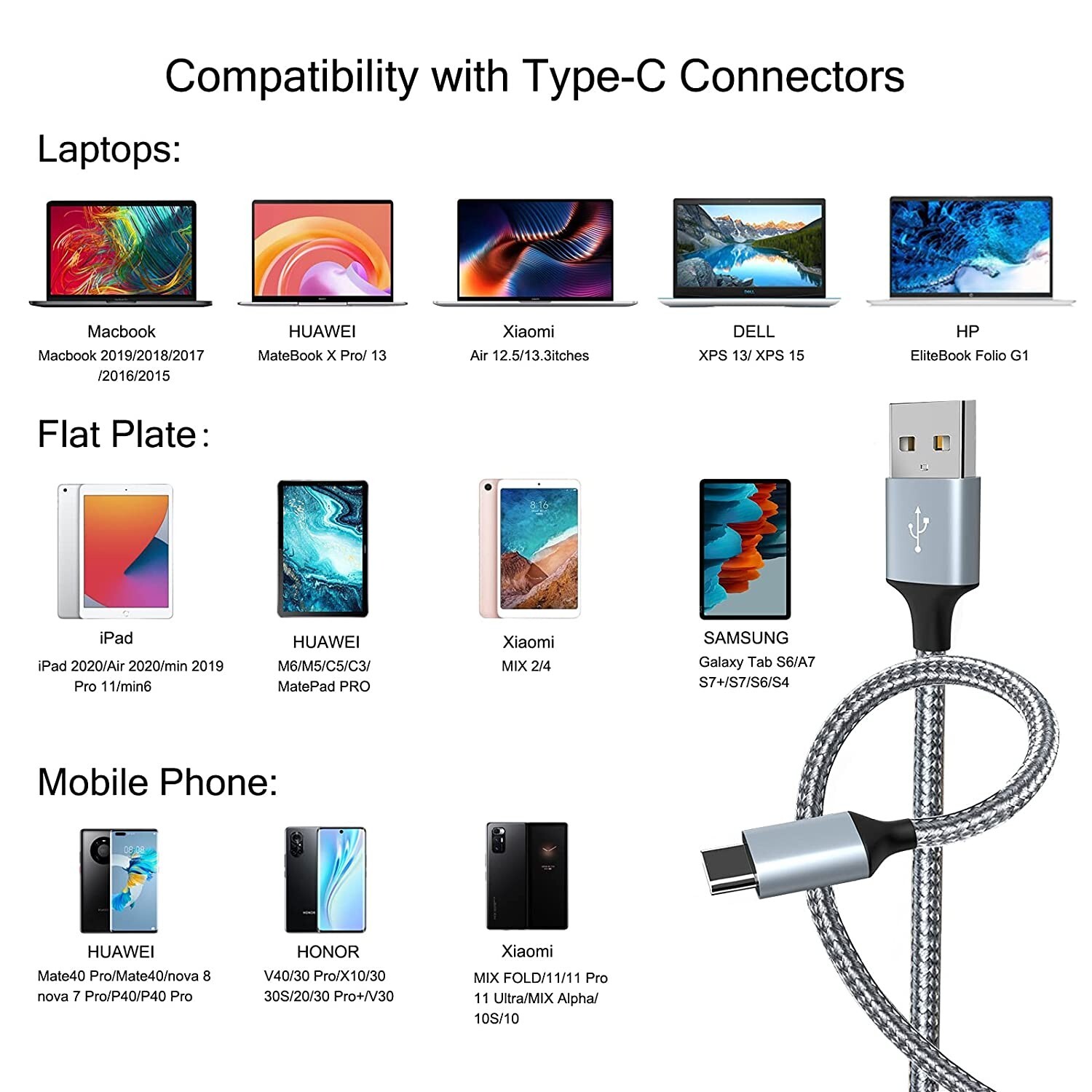 3-Pack Braided USB C Type-C Fast Charging Data SYNC Charger Cable Cord 3/6/10FT