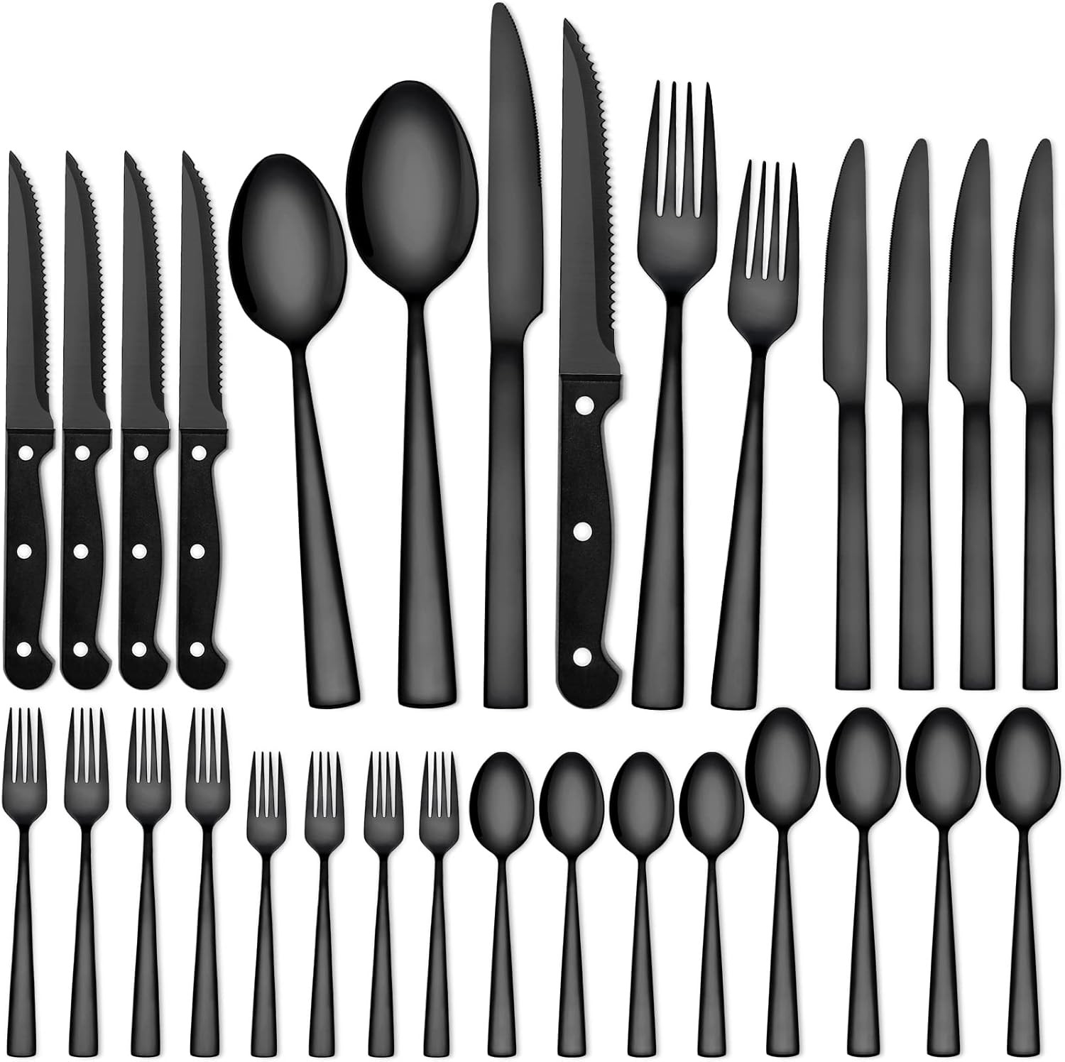 24 Piece Black Silverware Set for 4, Stainless Steel with Steak Knives