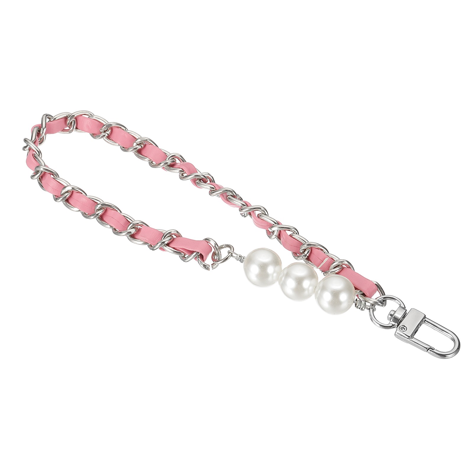 8" Chain Wristlet Strap Pearl Leather Chain Wrist Strap with Buckle Silver-Pink