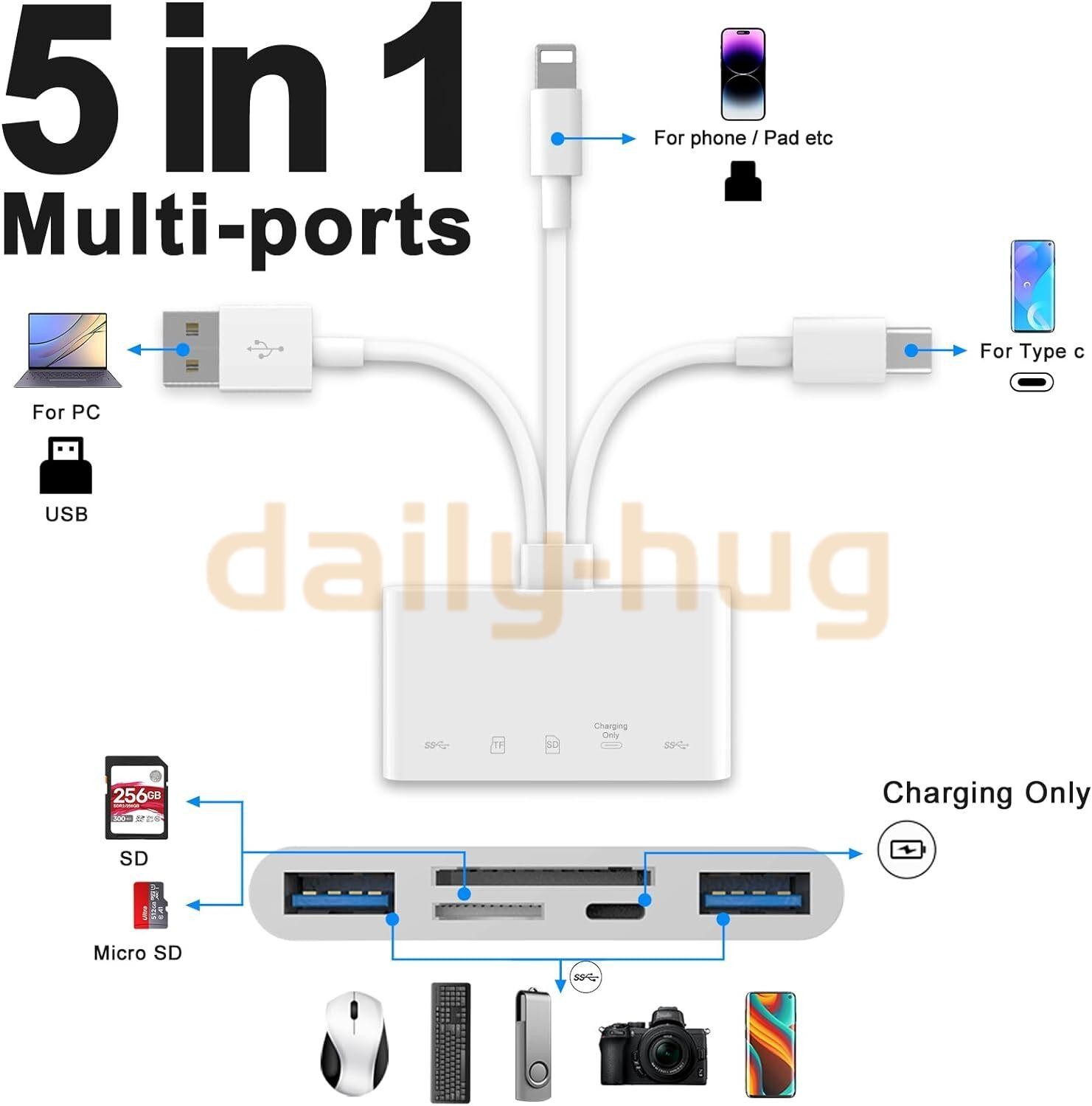 5 in 1 Memory Card Reader USB 3.0 OTG Adapter SD Card Reader For iPhone/iPad