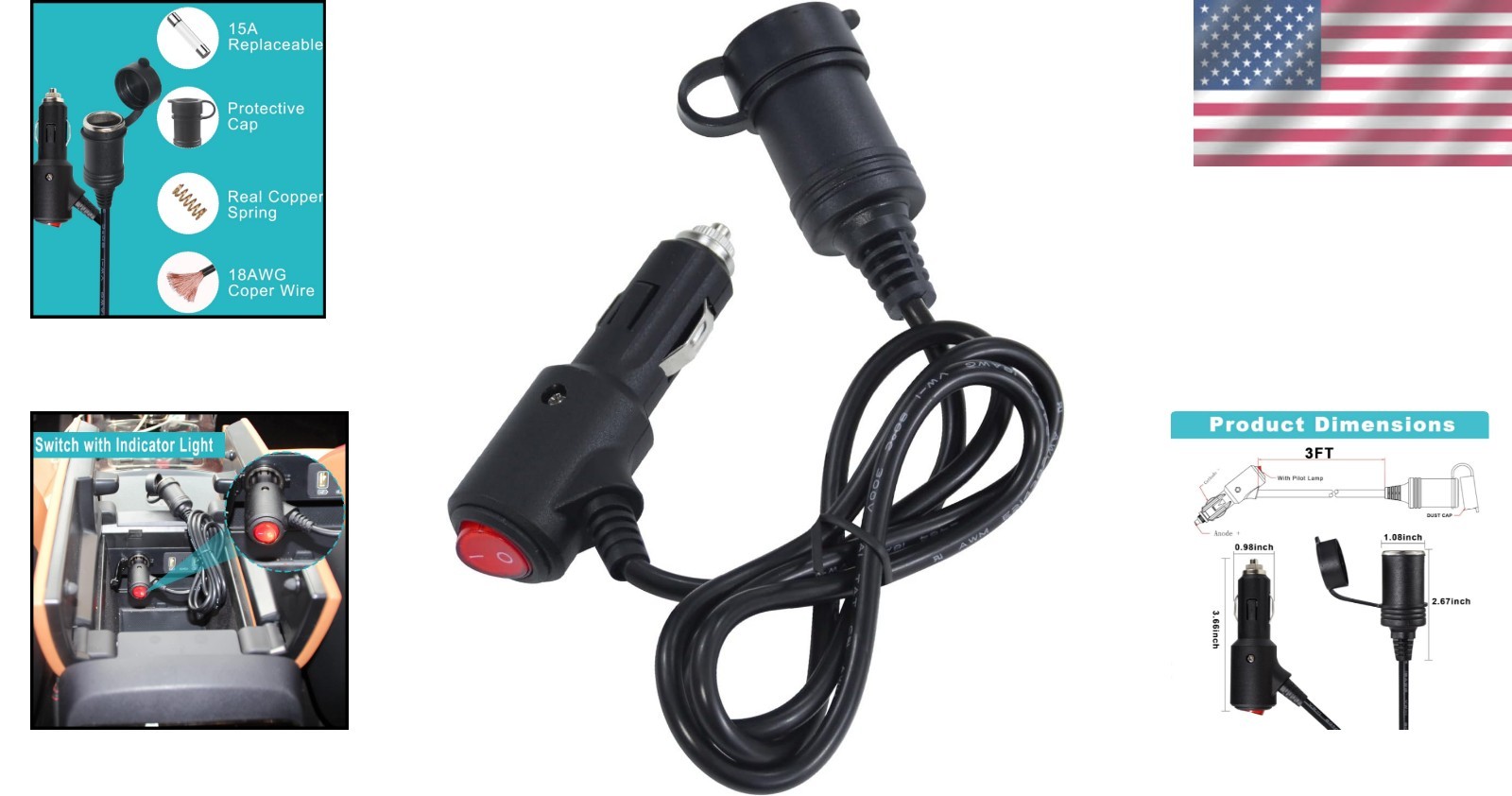 Car Cigarette Lighter Extension Cord 3FT with Safety Switch & LED Power Light