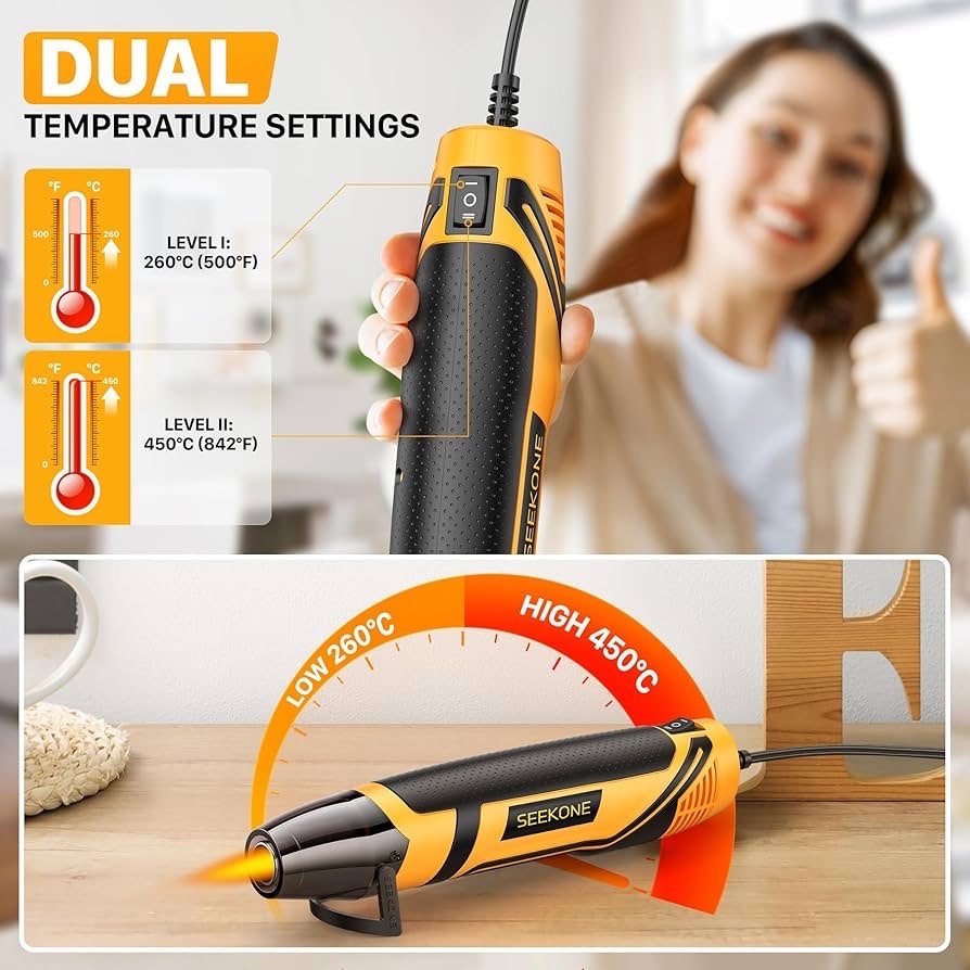 SEEKONE Mini Heat Gun, 350W 2-Temp Settings 500°F & 842°F (260°C& 450°C) Fast He