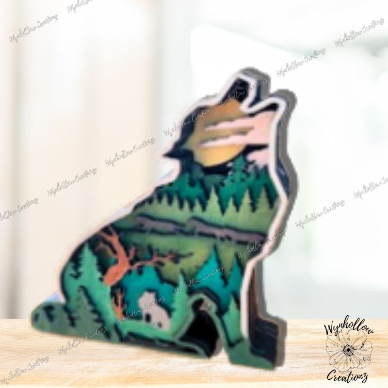 Wolf Outline With Wildlife Mountain Scene Wood Layer
