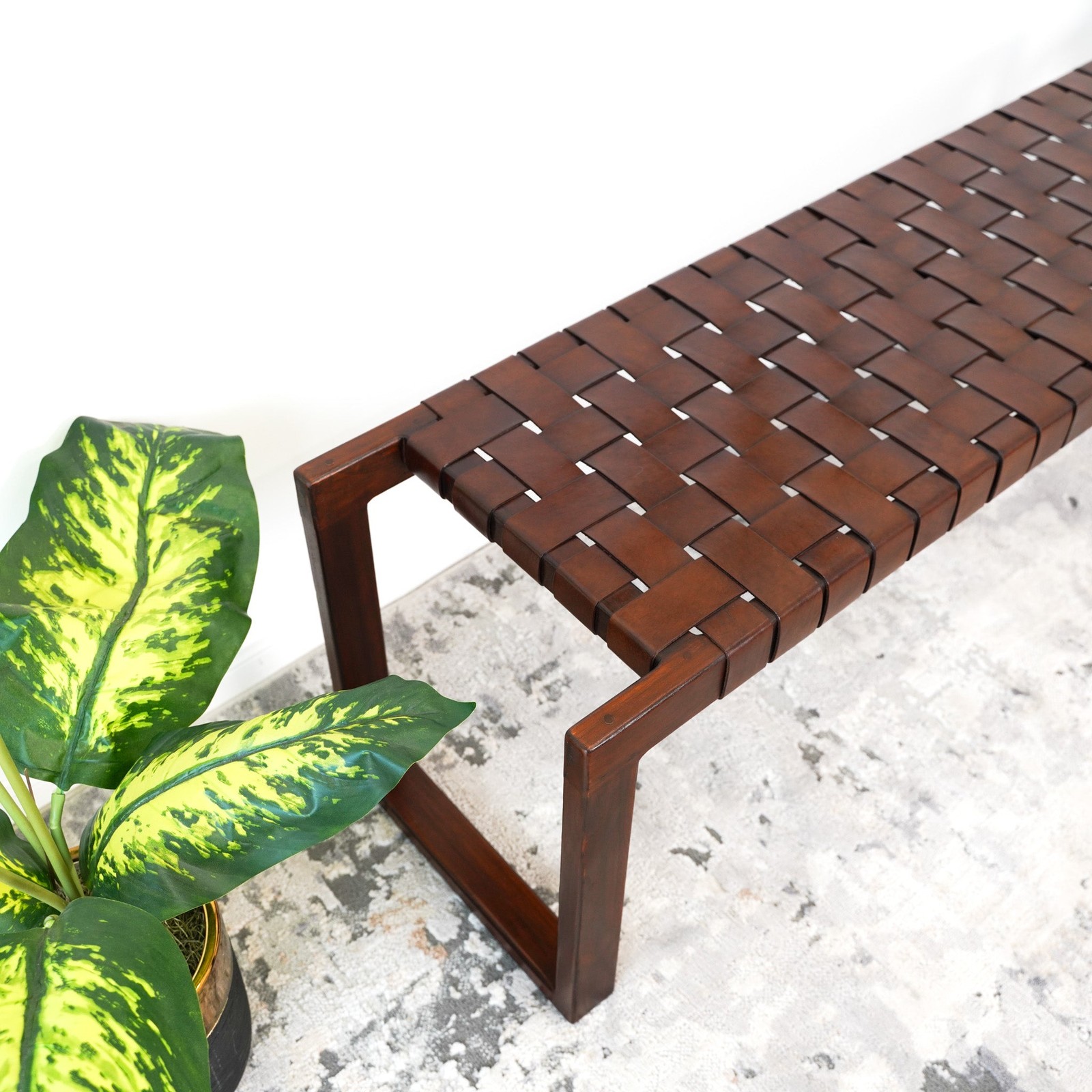 Christina Mid-Century Modern Leather Bench with Solid Wood Frame & Tapered Legs