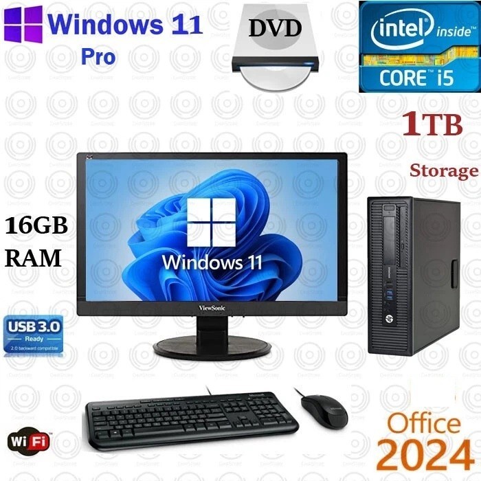 Windows 11 HP i5 3.2 ghz 1TB 16GB RAM 20 LCD WiFi Desktop Computer PC Office24