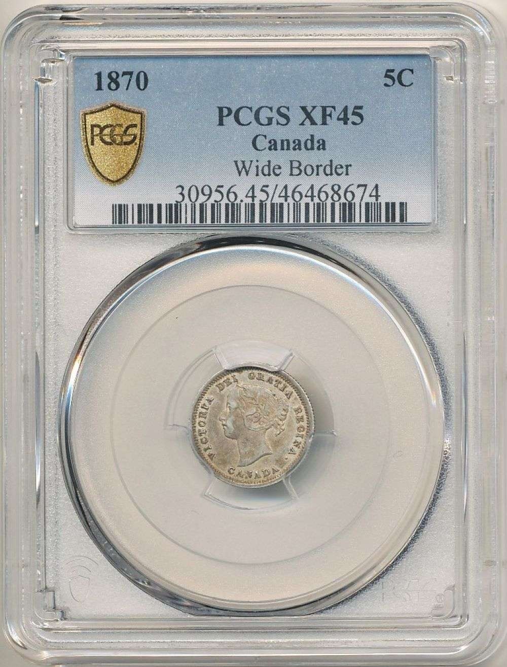 1870 Flat Wide Border, Bank Of Canada 5 Cents, 5C, PCGS XF 45, Victoria