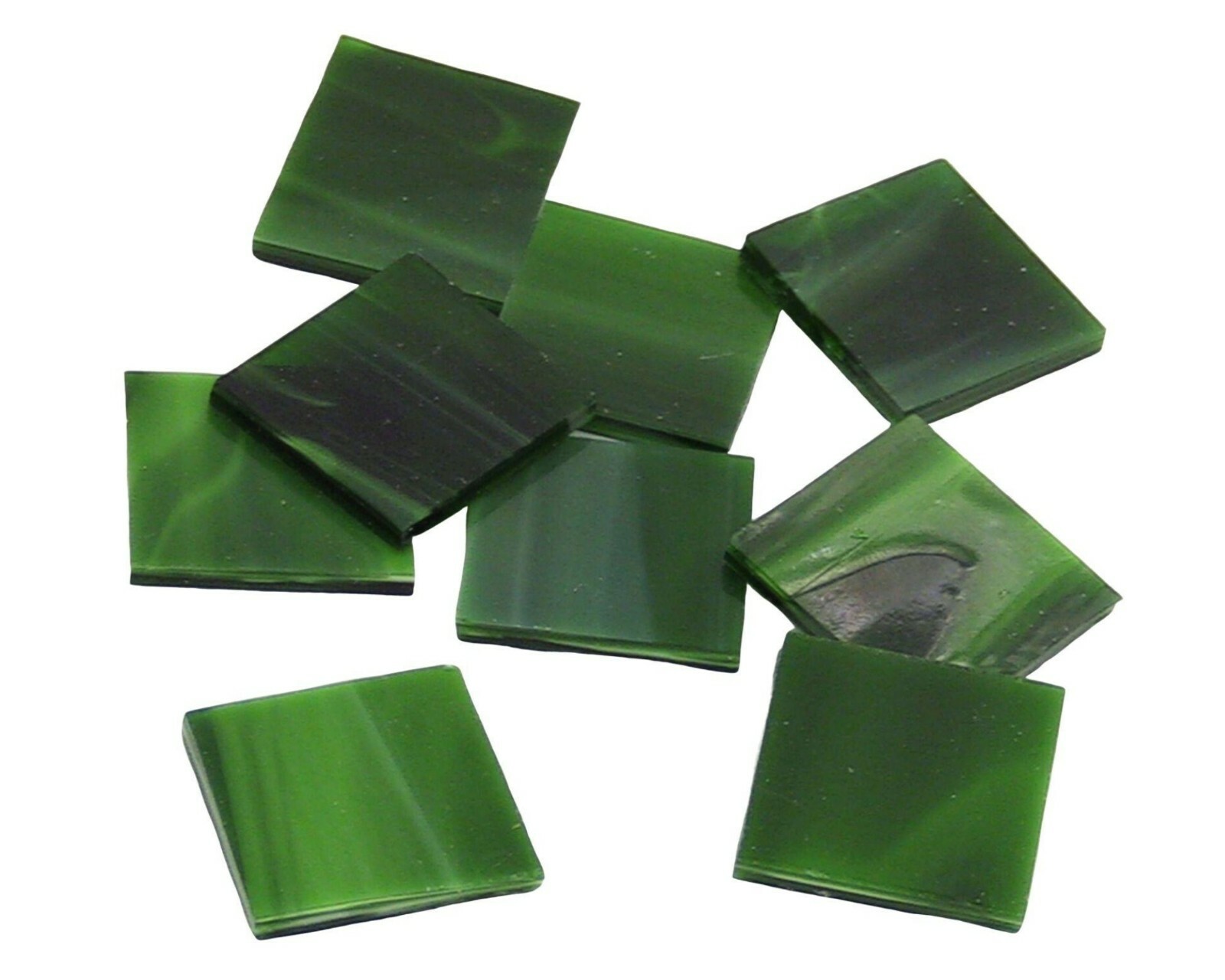 125 Dark Green Wispy 1" Square Hand Cut Stained Glass Mosaic Tiles | Fusible 96