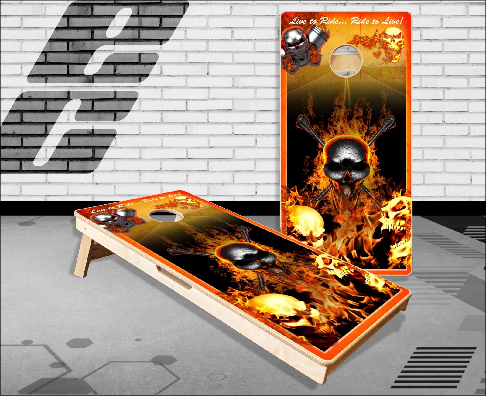 Live to Ride Biker Skulls Cornhole Boards Bean Bag Toss Game