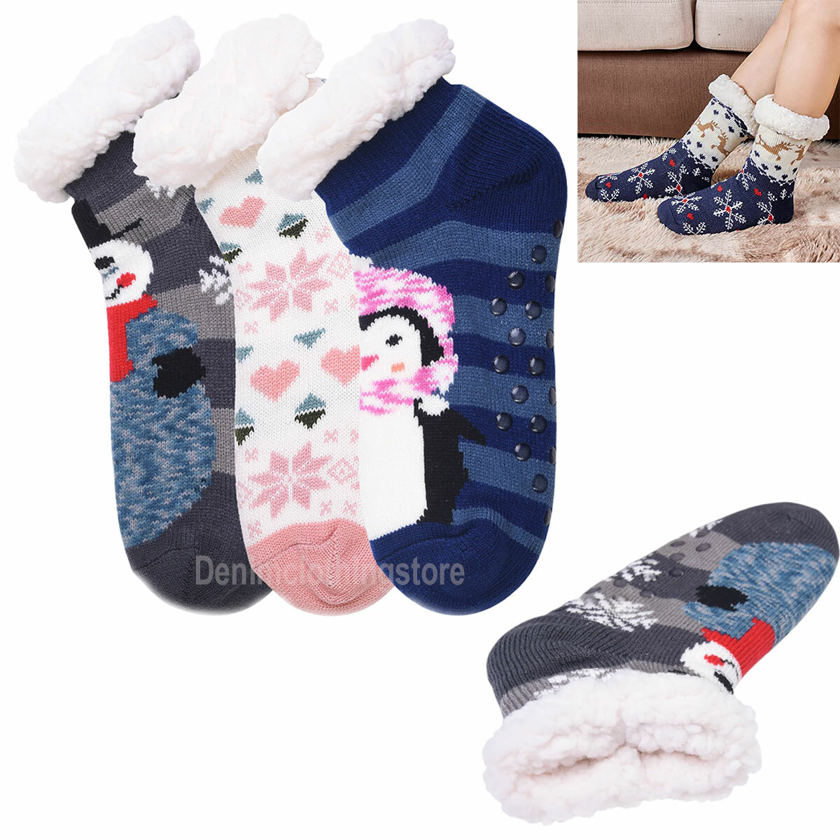 Women Snowman Snowflake Penguin Fuzzy Non-Slip Winter Thermal Slipper Socks Lot