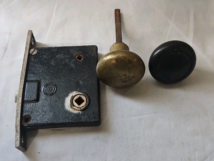 Vintage Antique PENN Mortise Pocket Door Cast Iron Lock Metal Knob 2"
