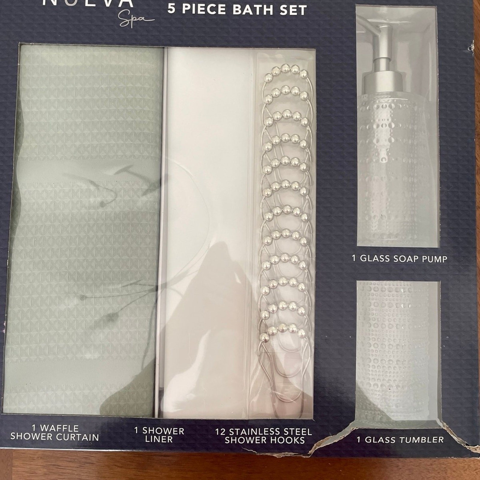 5-Piece Bathroom Accessory Set with Waffle Shower Curtain, Hooks, Liner