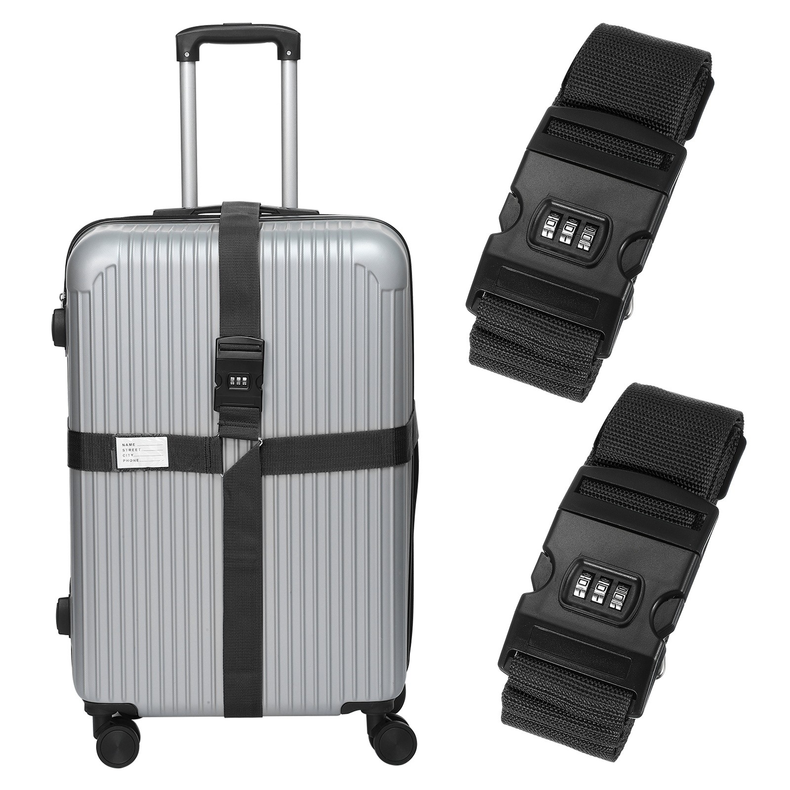 2pcs Cross Luggage Straps with Combination Lock Adjustable Suitcase Belt Black