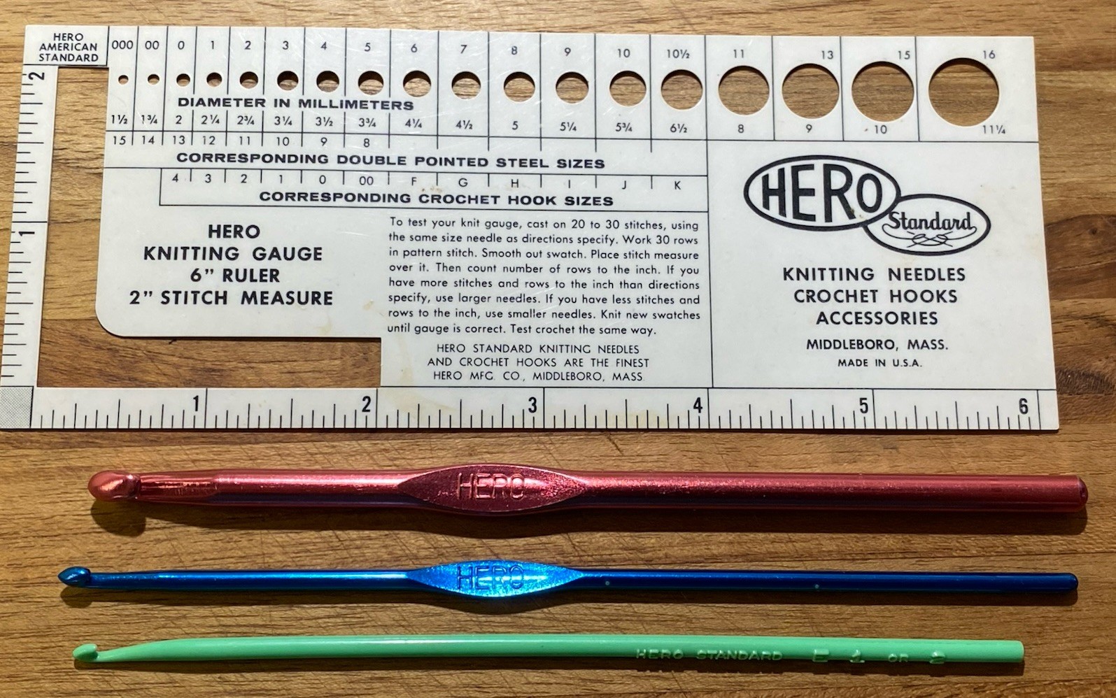 Lot of 3 Vintage HERO Crochet Hooks & Gauge Tool~ Sizes J & E