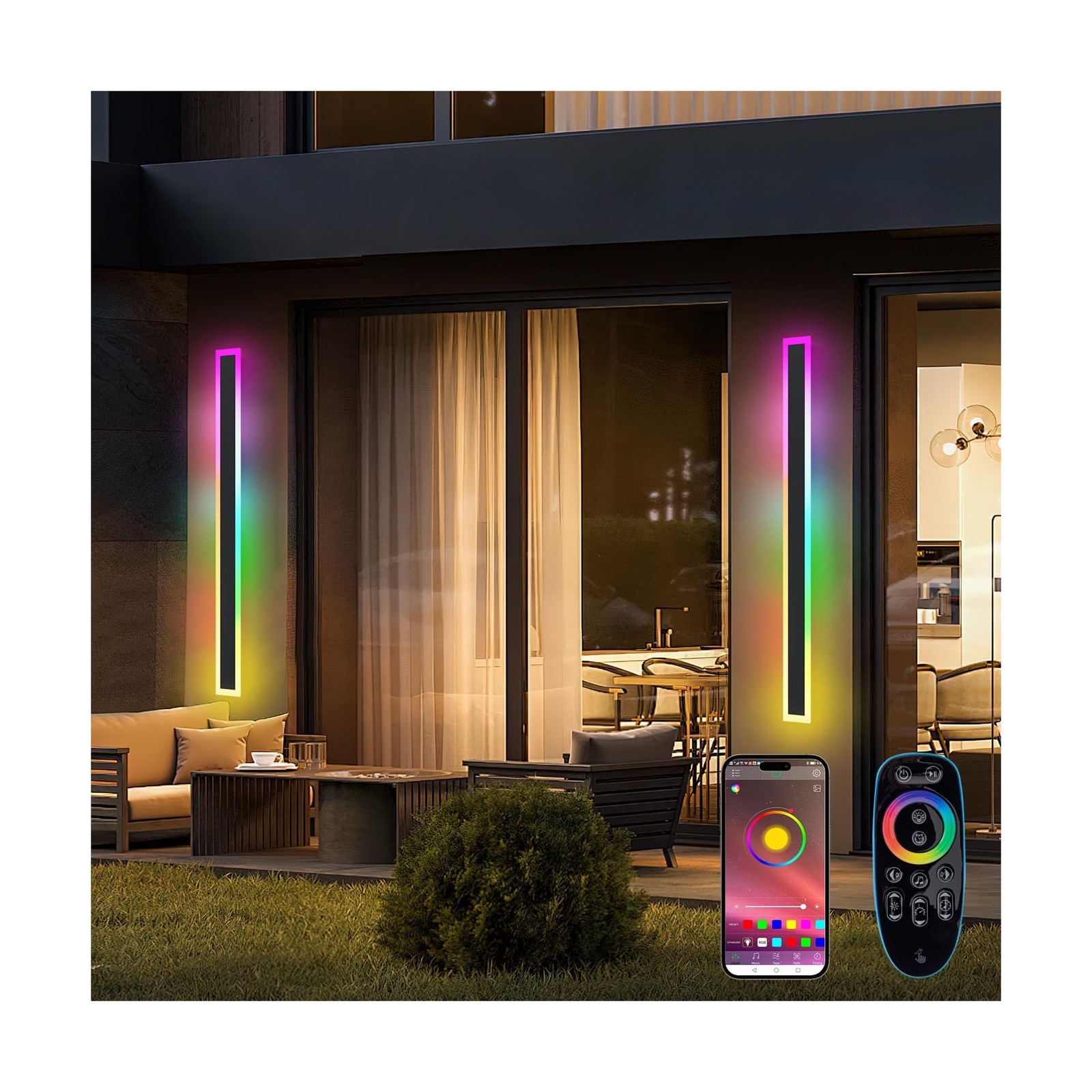 Outdoor RGB Long Wall Lights, 31.5inch 2 Pack RGB/Warm/White Dimmable Modern ...