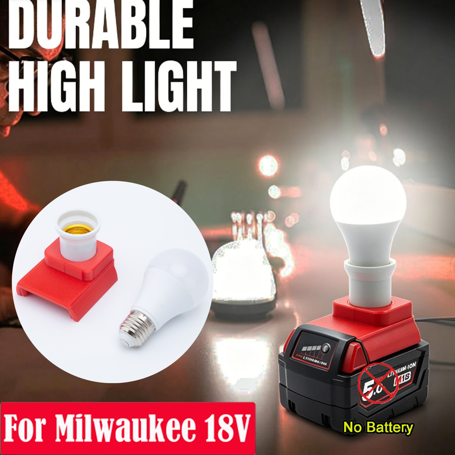 LED Work Light For Milwaukee 18V Li-ion Battery Portable E27 Bulb Lamp w/Holder