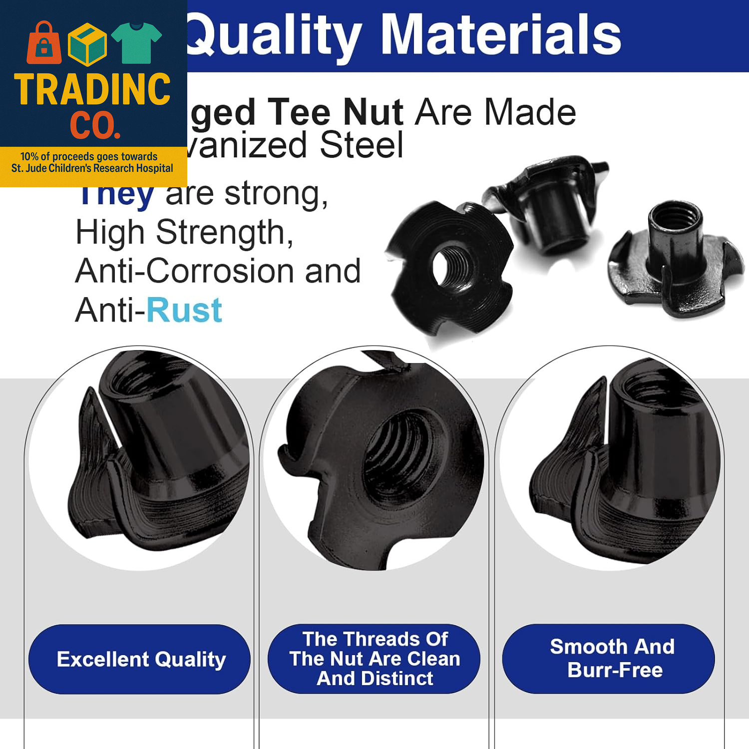 50 Pack 5/16"-18 T Nuts for Wood, Black Carbon Steel 4-Prong Tee Nuts for Furnit