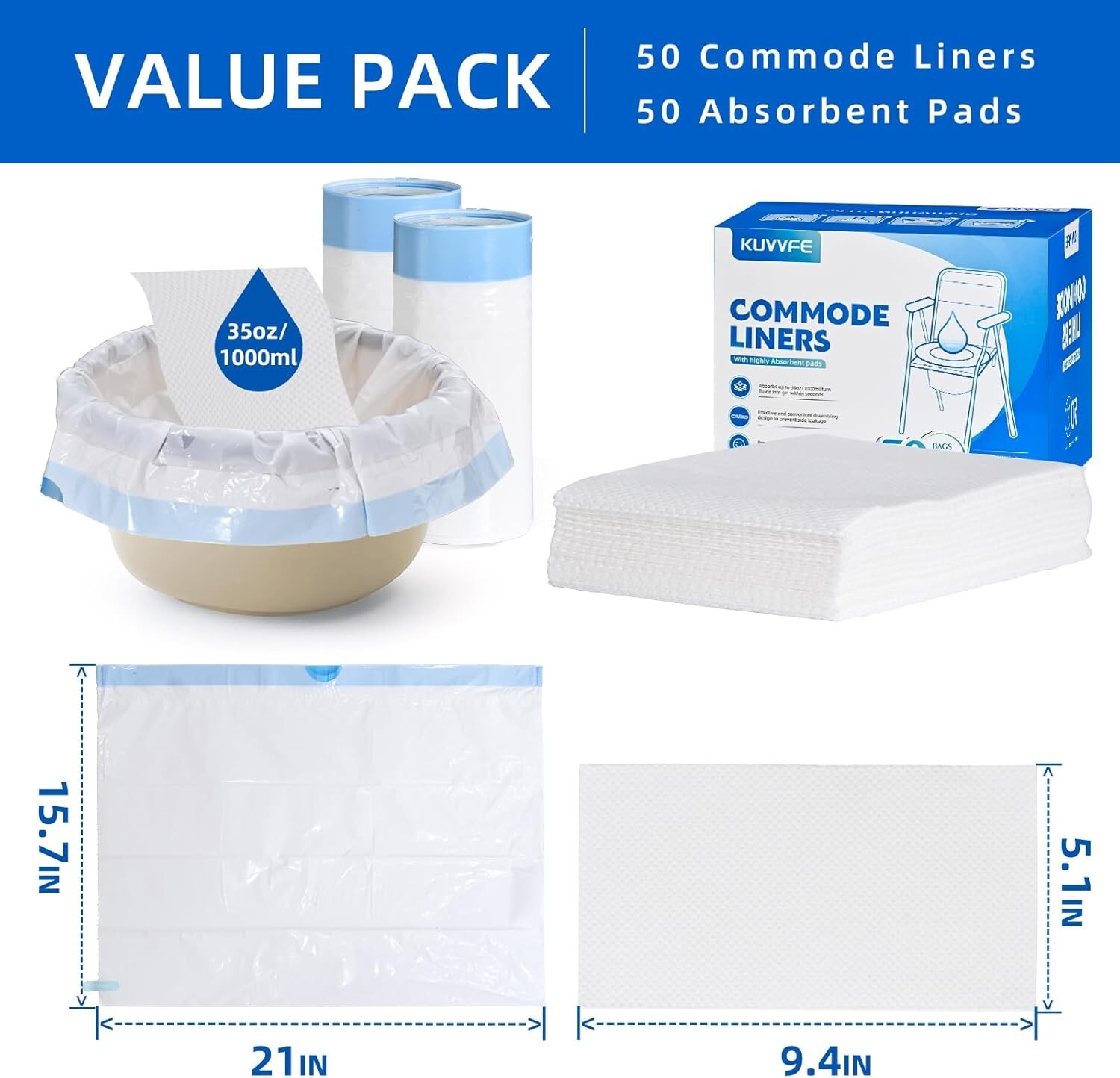 25 or 50 Pack Bedside Commode Liners with 25 or 50 Pack Super Absorbent Pad