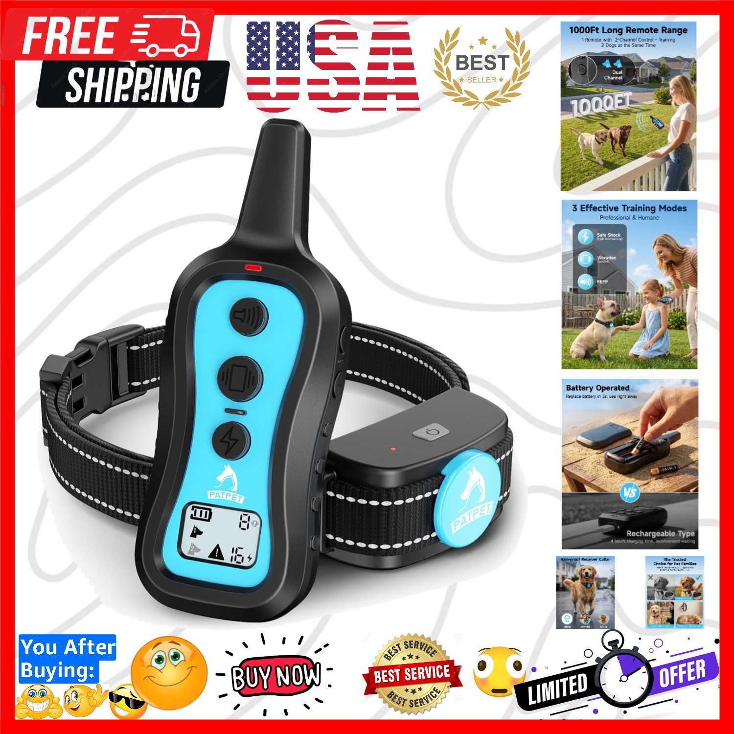 Dog Training Collar Dog Shock Collar with Remote - 3 Training Modes, Beep, Vi...