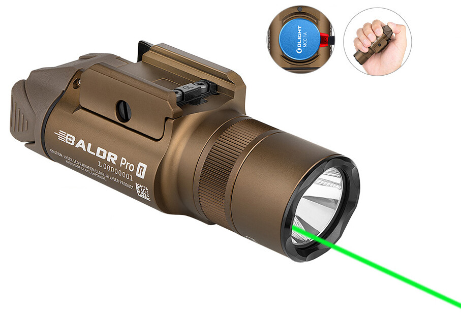 Olight Baldr Pro R Desert Tan Rechargeable Light, LED & Green Laser, 1350 Lumens