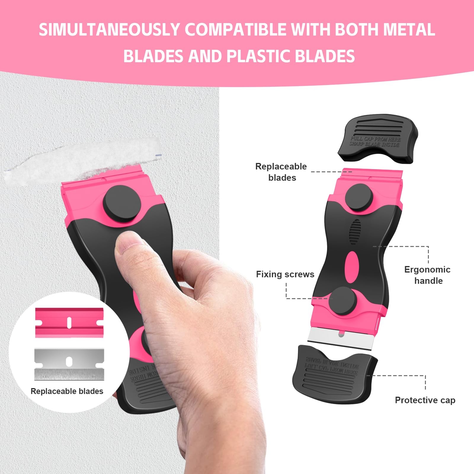 Ywmoml 3 Pack Razor Blade Scraper Set, Includes 30 Plastic & 30 Metal Pink