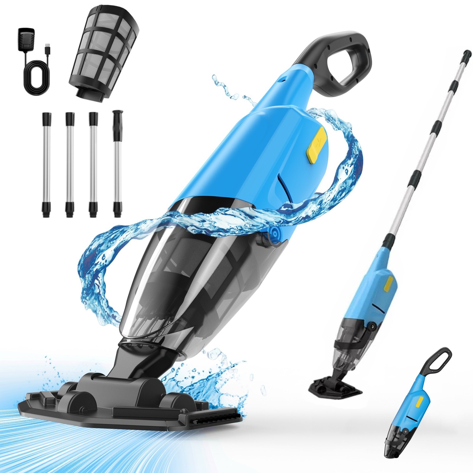 Powered Cordless Handheld Pool Vacuum, Rechargeable Pool Cleaner 90 Mins Runtime