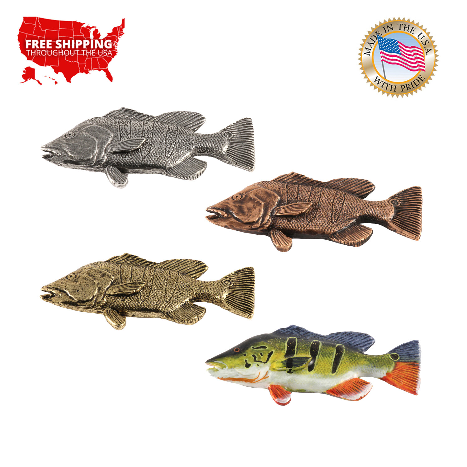 Pewter Peacock Bass Fish Premium Lapel Pin or Refrigerator Magnet, F094PR