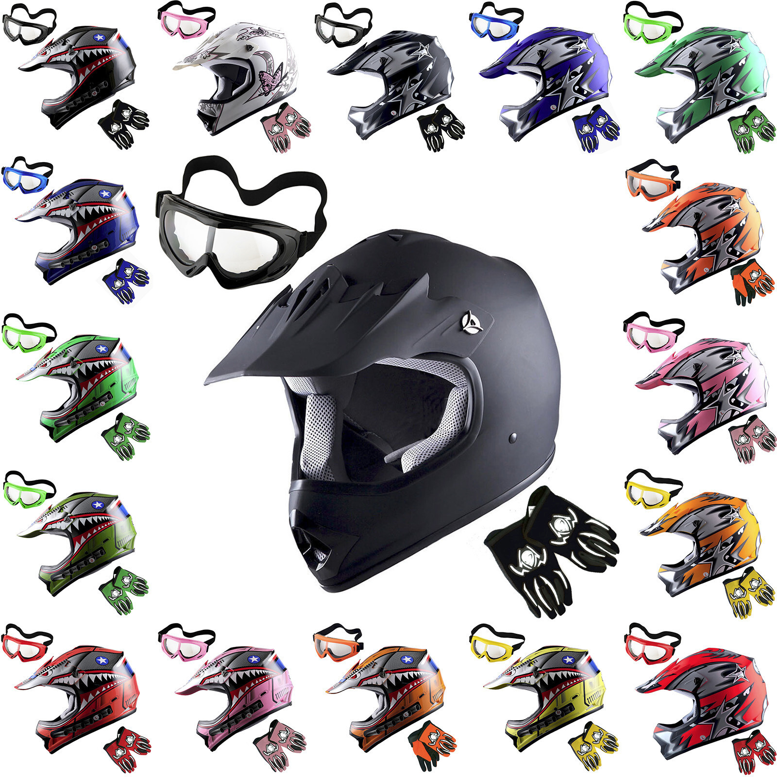 Youth Motocross Helmet BMX Bike Kids Helmet + Goggles + MG Youth Glove Bundle