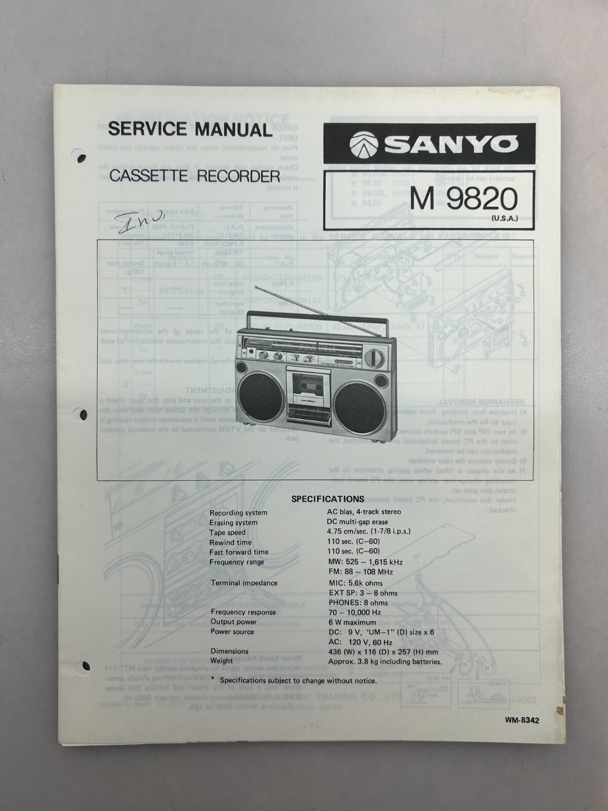 Sanyo M 9820 Original Service Manual Free Shipping