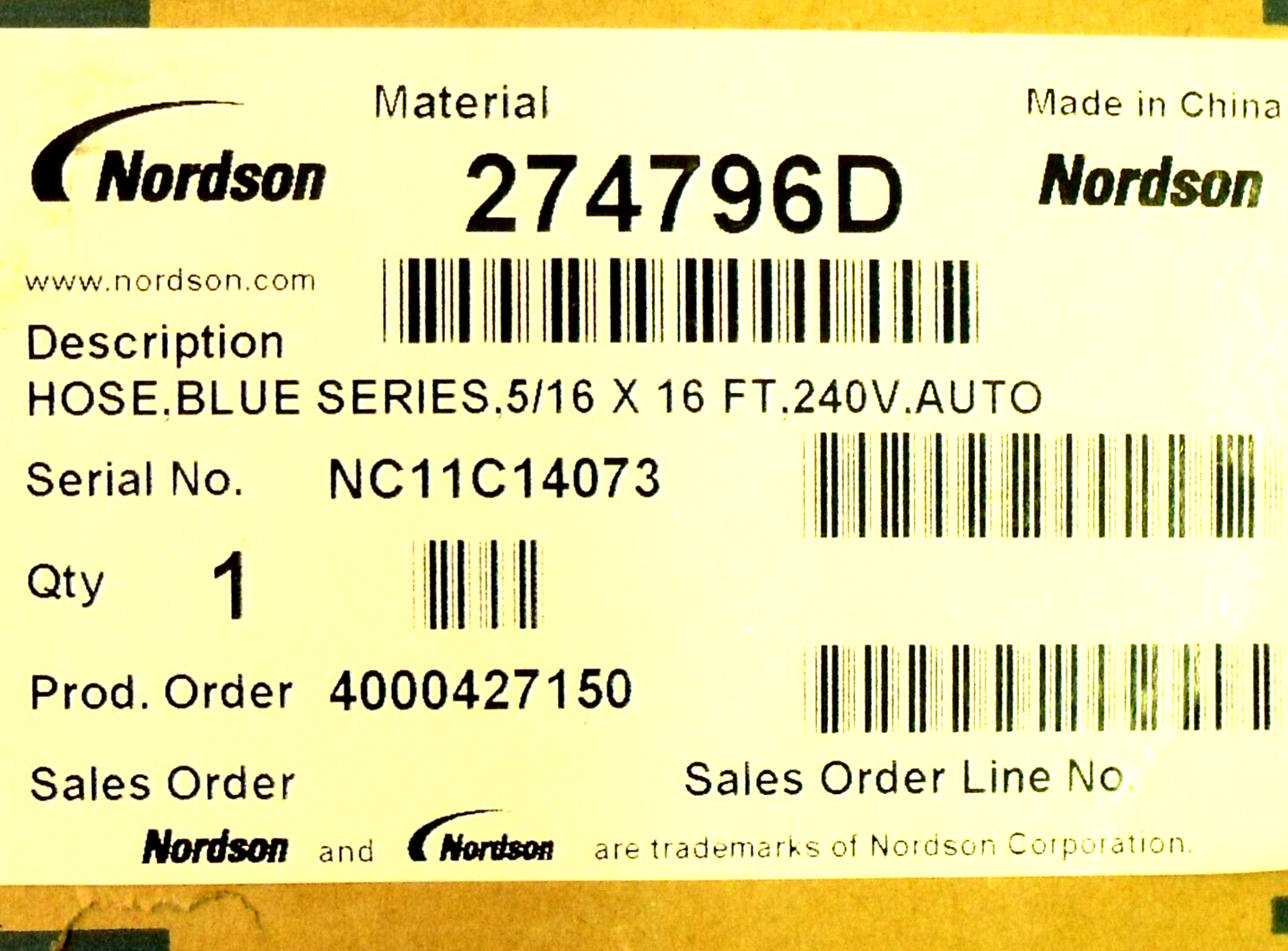NIB Nordson 274796D RTD Style Blue Series Hot Melt Hose: 16', 240VAC, 504W