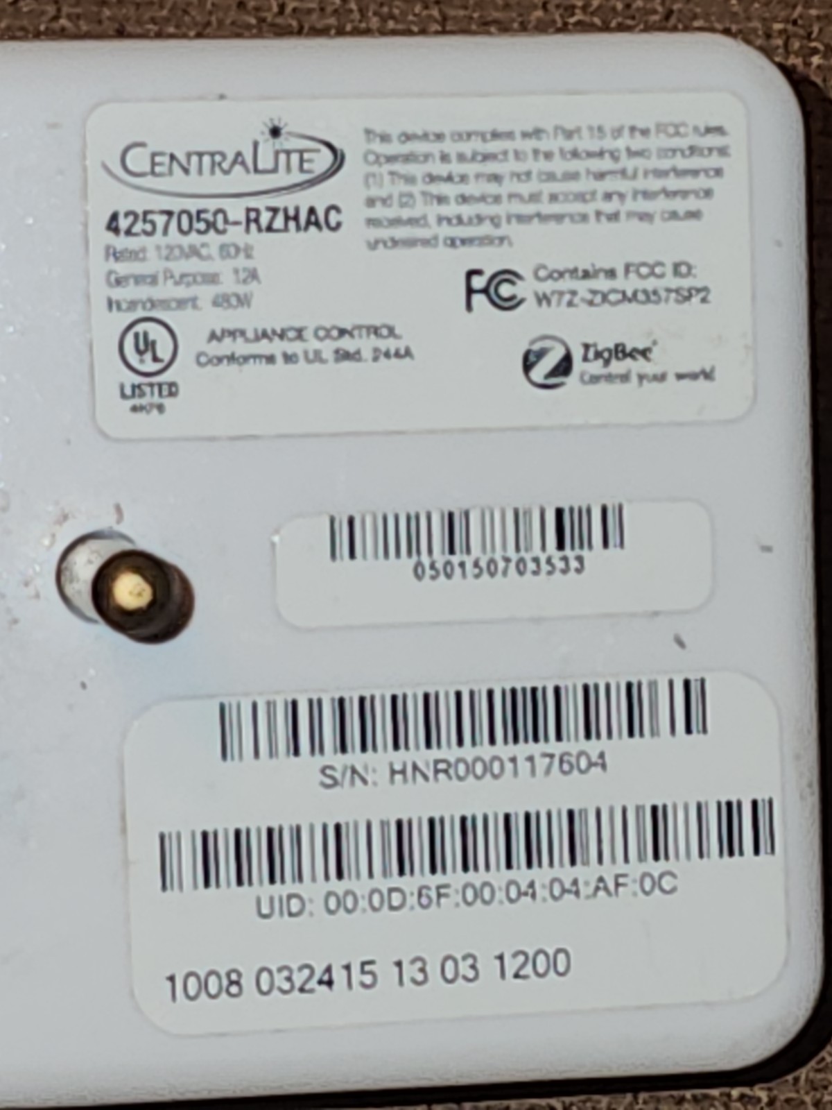 Centralite 4257050-RZHAC Zigbee On/off Appliance Control Smart Switch Plug