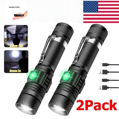 Tactical Flashlight Rechargeable Super Bright Zoomable LED USB C IP65 2 Pack