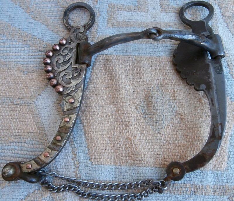 Shank Snaffle Iron Horse Bit Silver Scroll Design Copper Dots Lip Chains