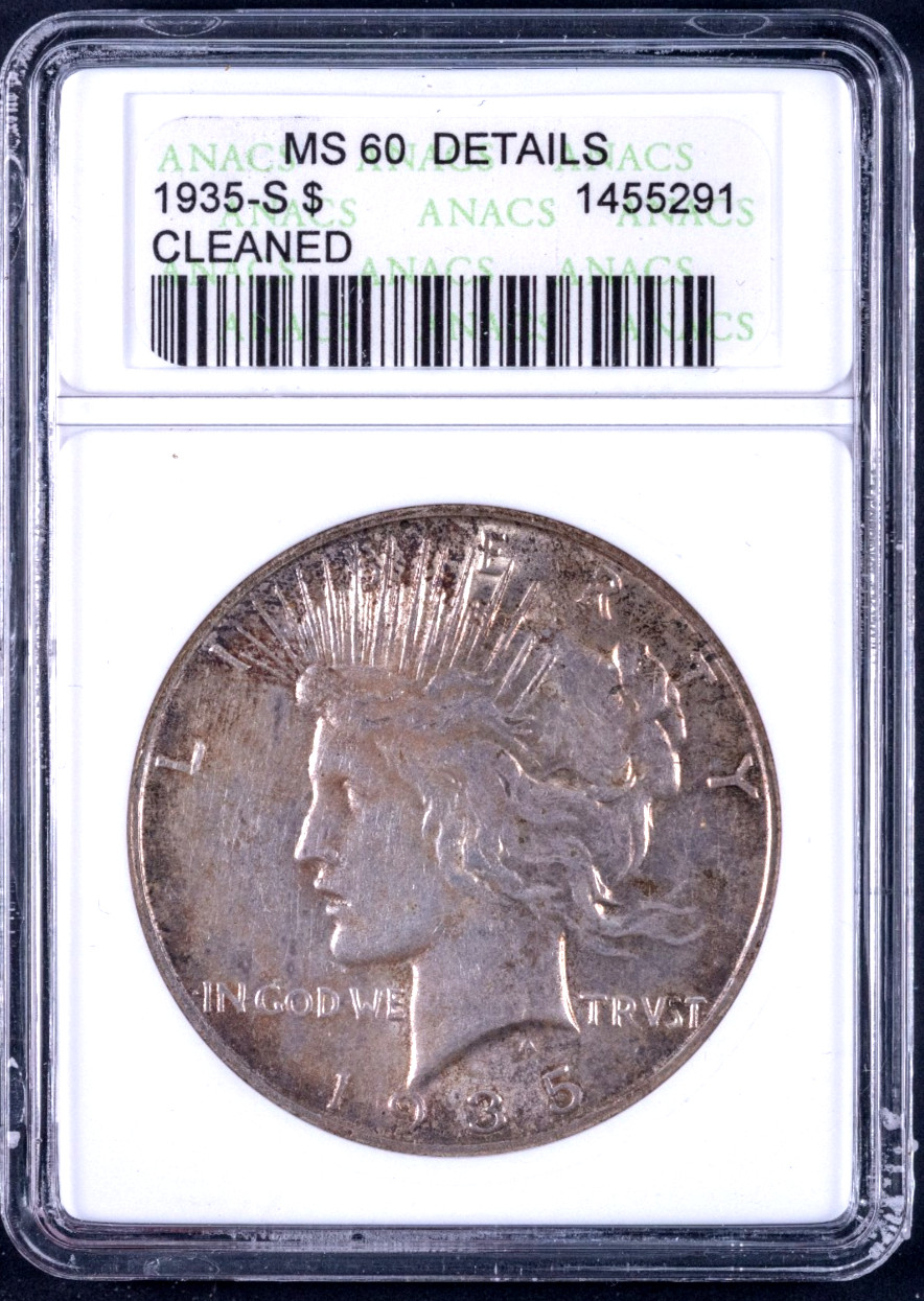1935-S Peace Silver Dollar $1 ANACS MS60 details Soapbox Holder BB291