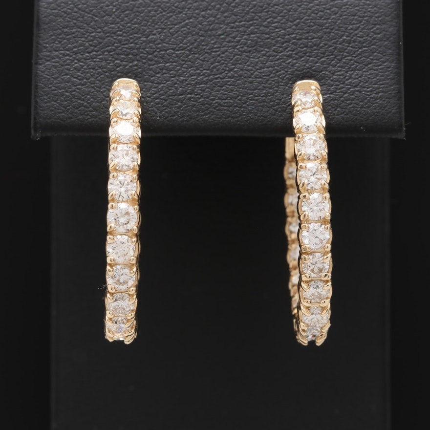 2.90 CT Round Cut Moissanite Inside Outside Hoop Earrings Solid 14K Yellow Gold