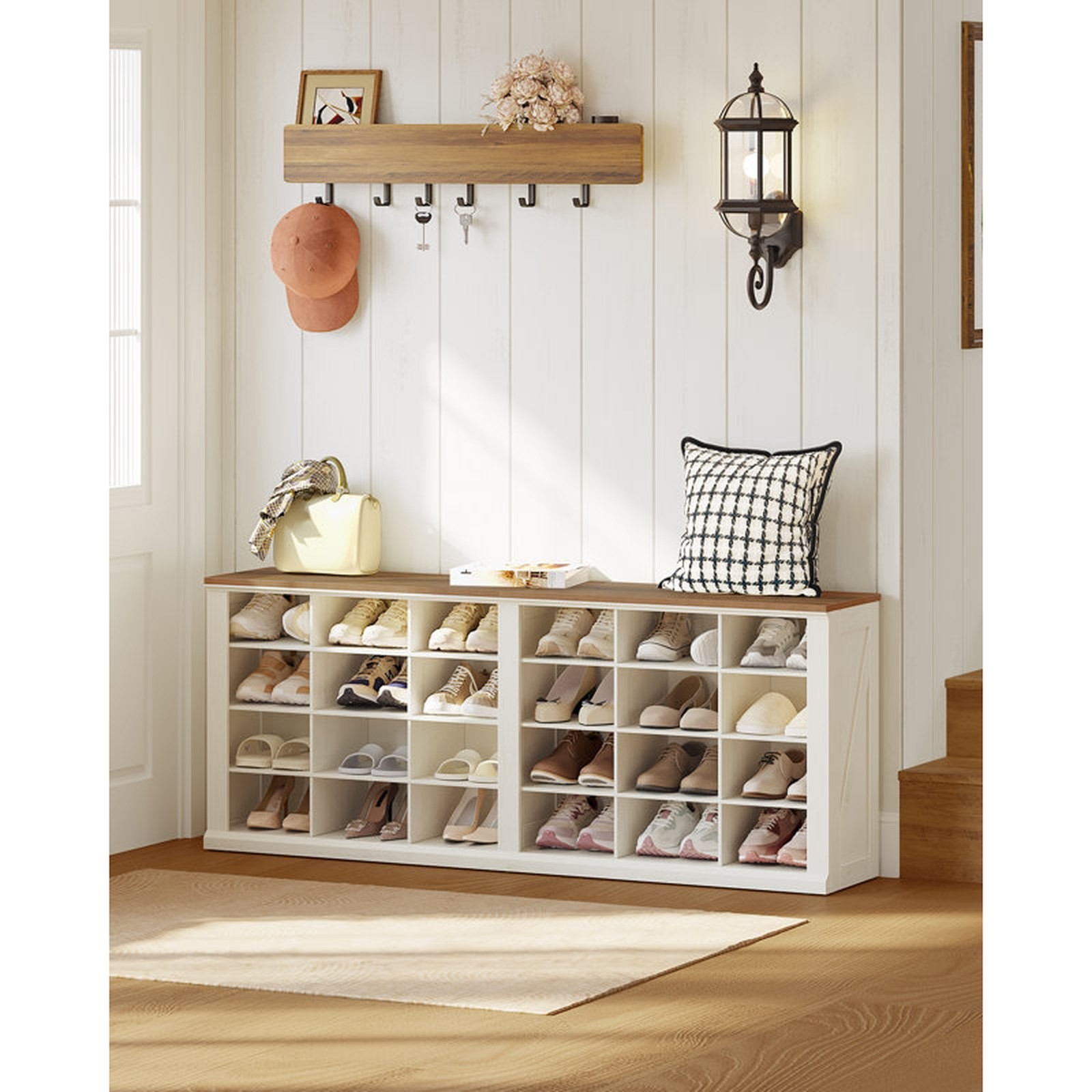 Gracie Oaks Farmhouse Shoe Storage Bench - Antique White
