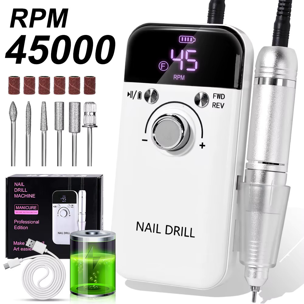 45000RPM Electric Nail Drill Polisher Rechargeable Portable Nail File Kit
