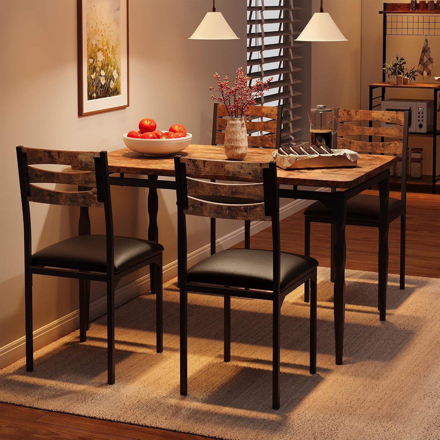 5 Piecs Dining Table Set, Farmhouse Style Dining Table and Chairs Set for 4, Din