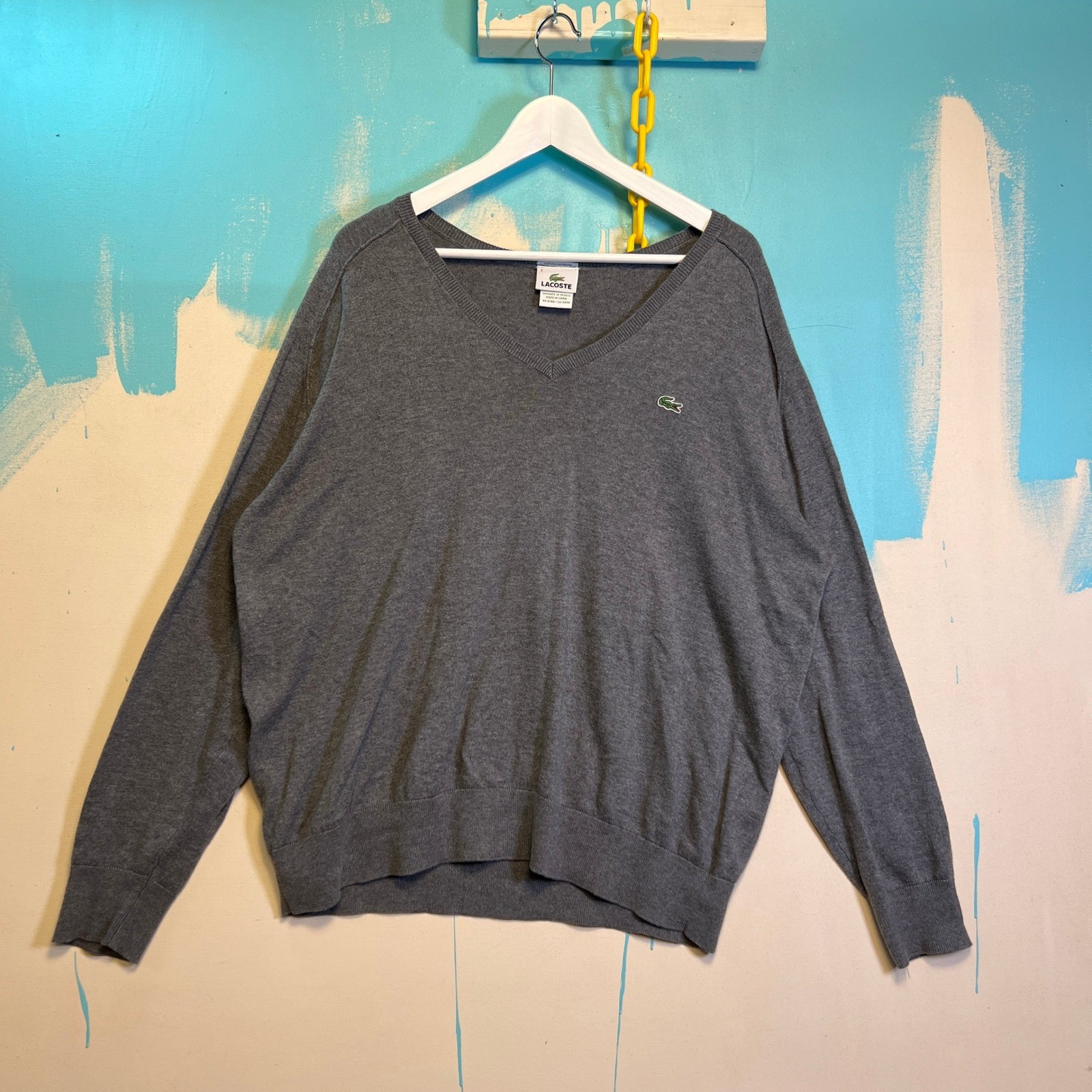 Lacoste V-Neck Sweater MEN L XL Sz 7 Cotton Cashmere Blend Mens Casual GRAY EUC