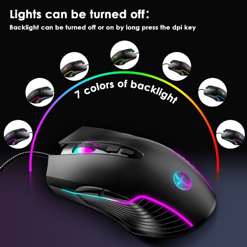 Ergonomic Corded Opticaled Mouse USB C A Color Lighting Computer Jiggler 7200DPI