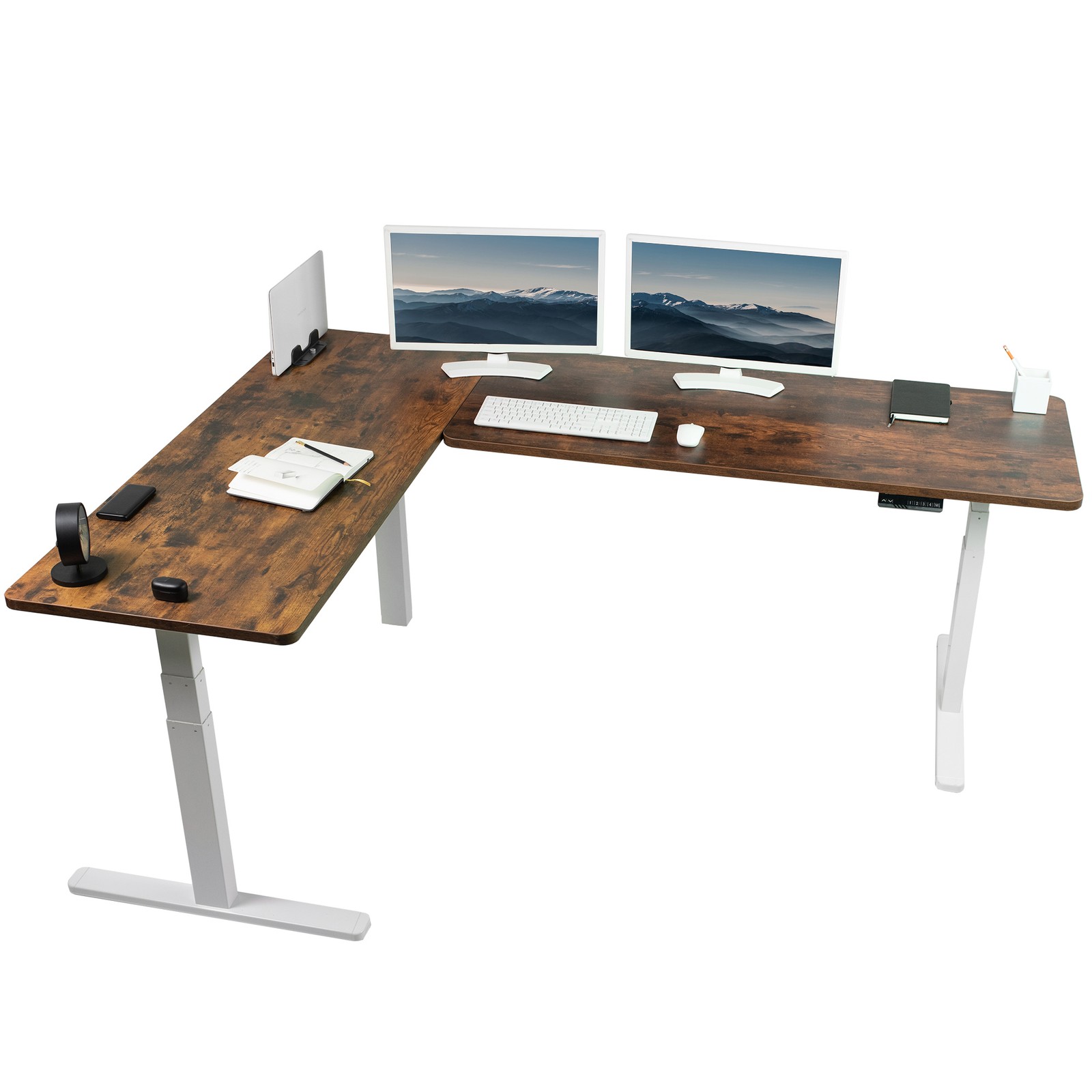 VIVO Electric 83"x60" Stand Up Corner Desk, Vintage Brown Tabletops, White Frame