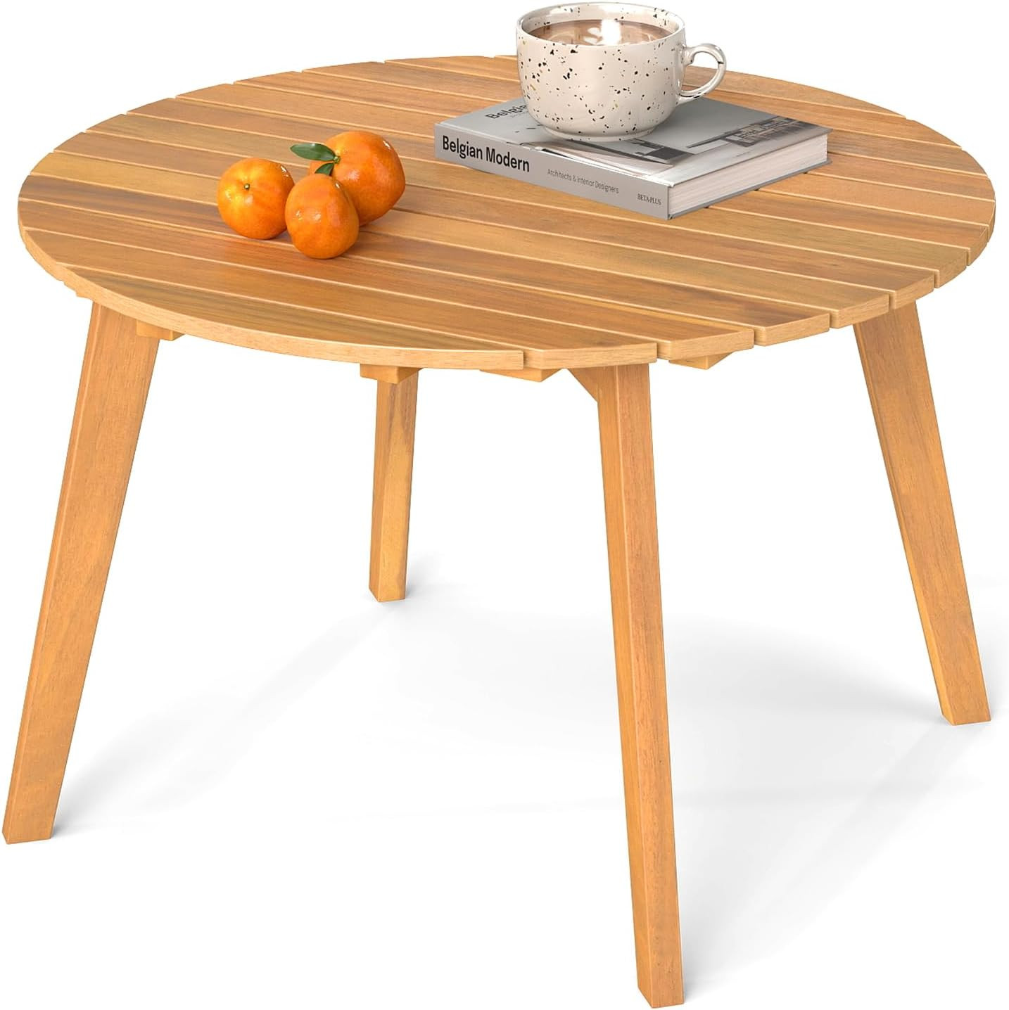 Acacia Wood Patio Bistro Side Table, Outdoor round End Table with Slatted Tablet