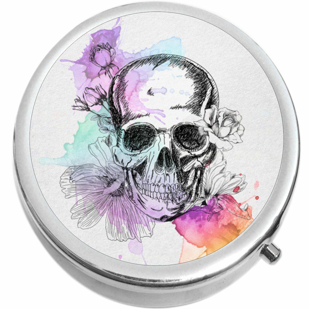 Watercolor Skull Medicine Vitamin Compact Pill Box