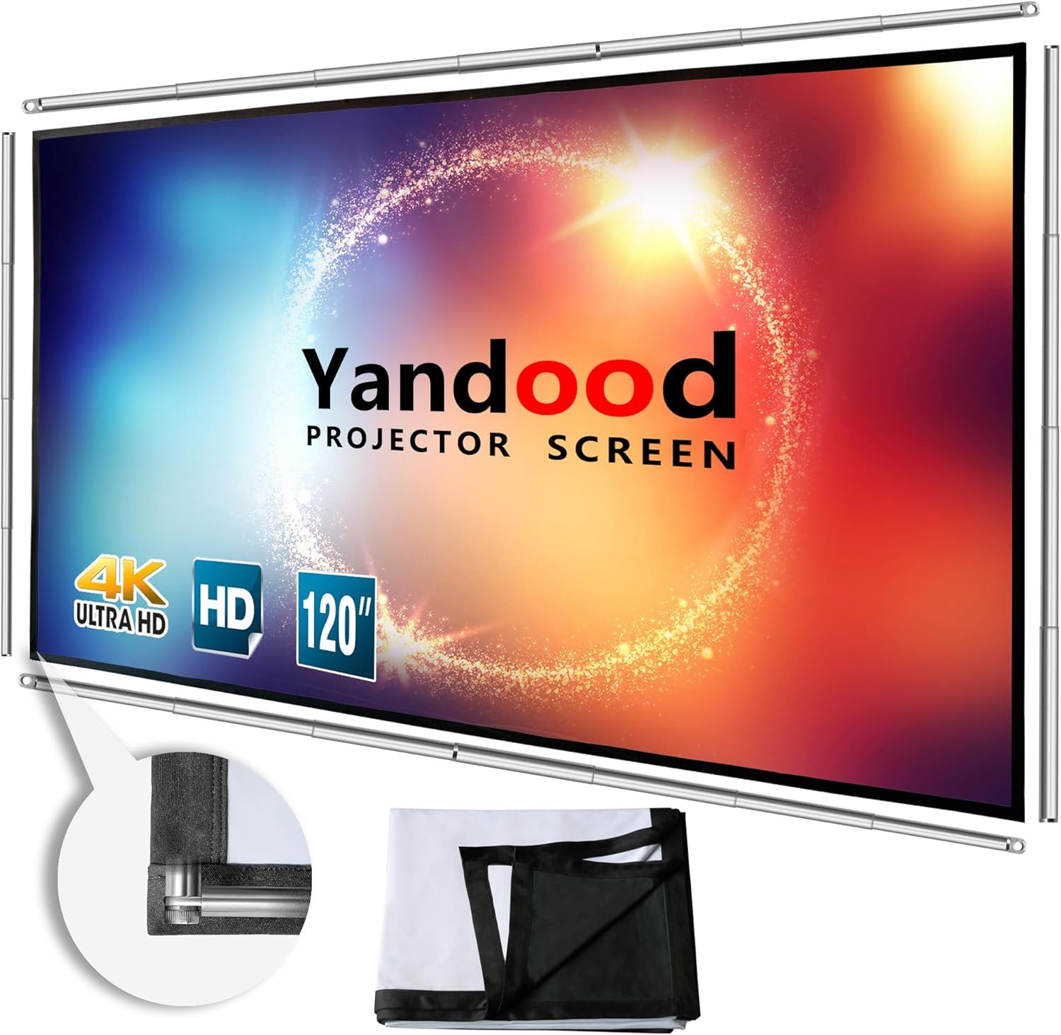 Portable Projector Screen 120 Inch with Combined Pole Frame Black Backing Silver