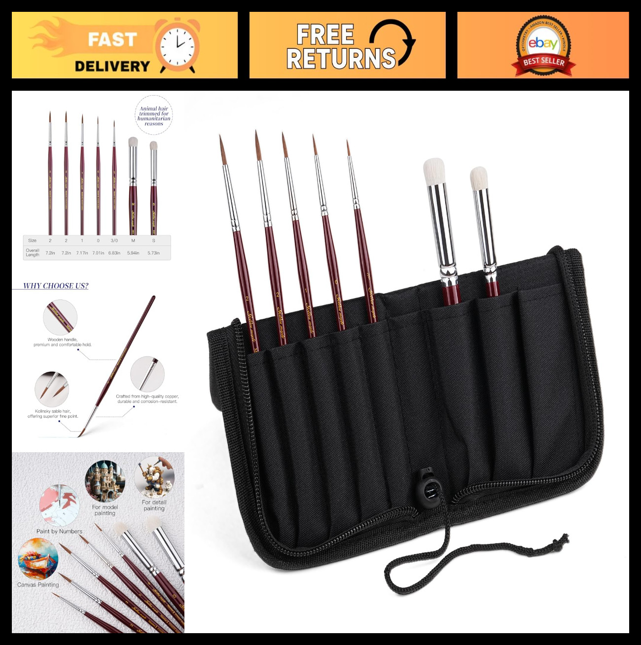 Miniature Paint Brushes Set - 7pcs Kolinsky Sable Detail Brushes for Acrylic & W