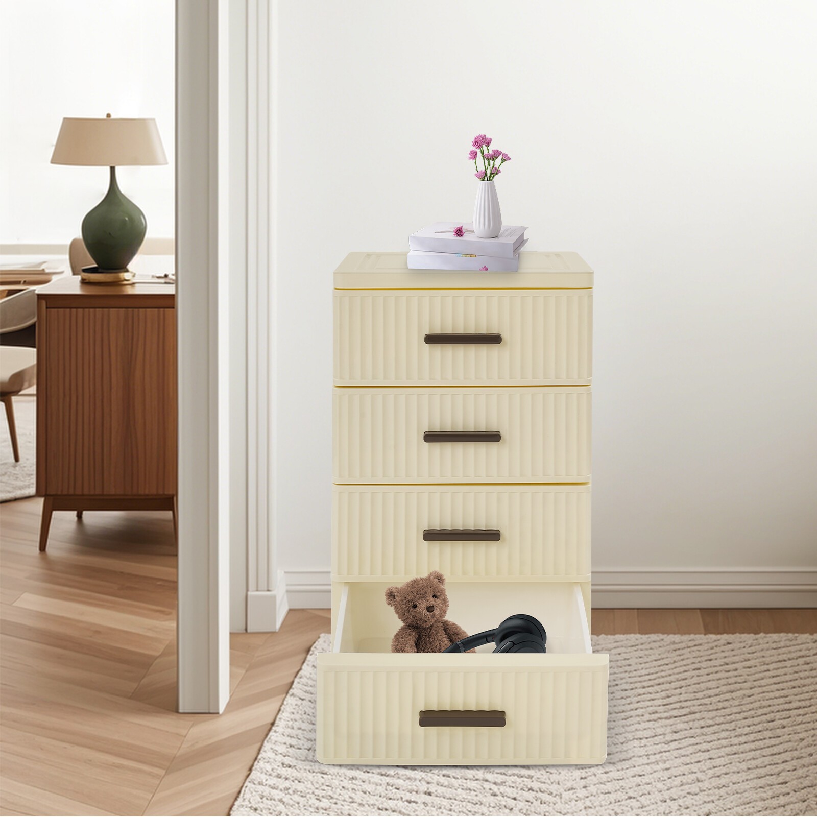4 Tier Drawer Storage Cabinet With 4 Universal Wheels PP Rolling Organizer