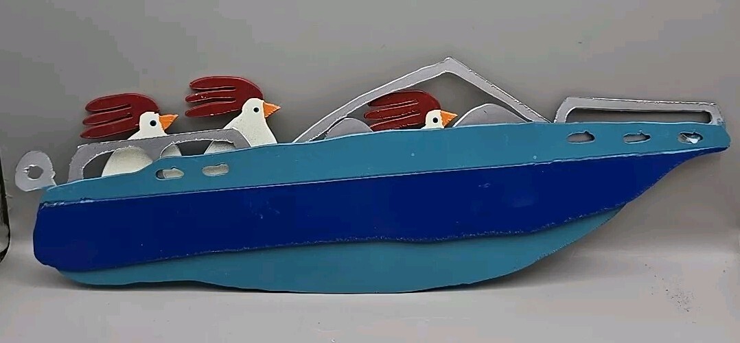Margaret M Taylor Chickens In Speedboat Boat Metal Art Signed Hanging Wall Decor