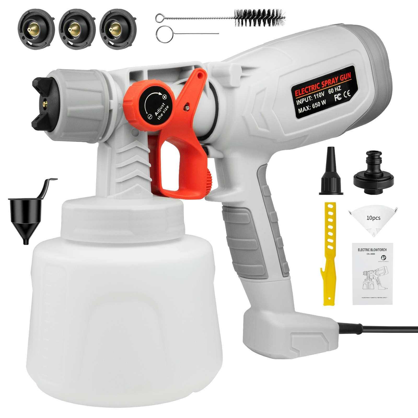 650W High Pressure Electric Paint Sprayer, 1400ML HVLP Spray Paint Gun 3 Nozzles