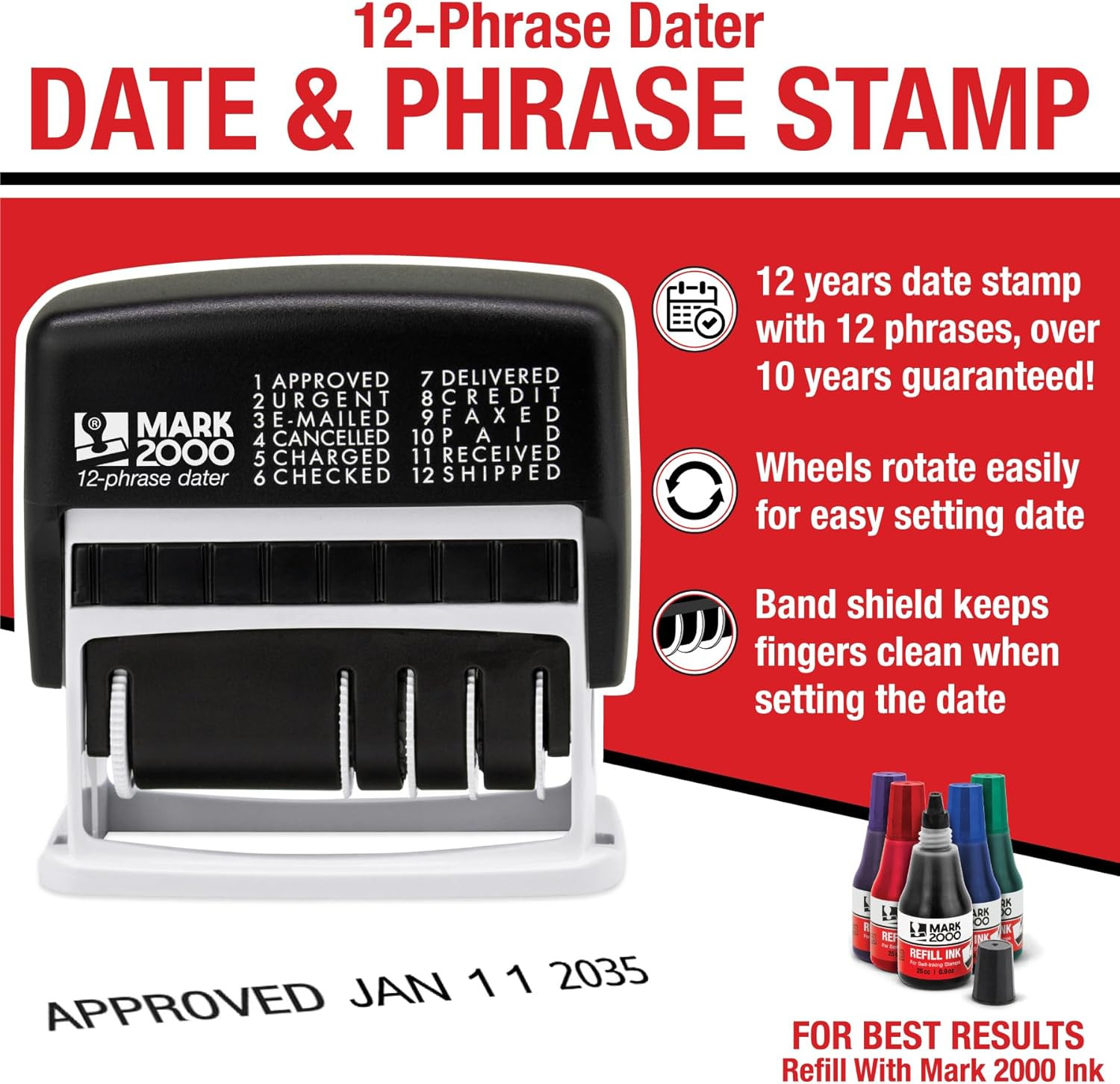 12-Phrase Dater - Date & Phrase Self-Inking Stamp - Red Ink