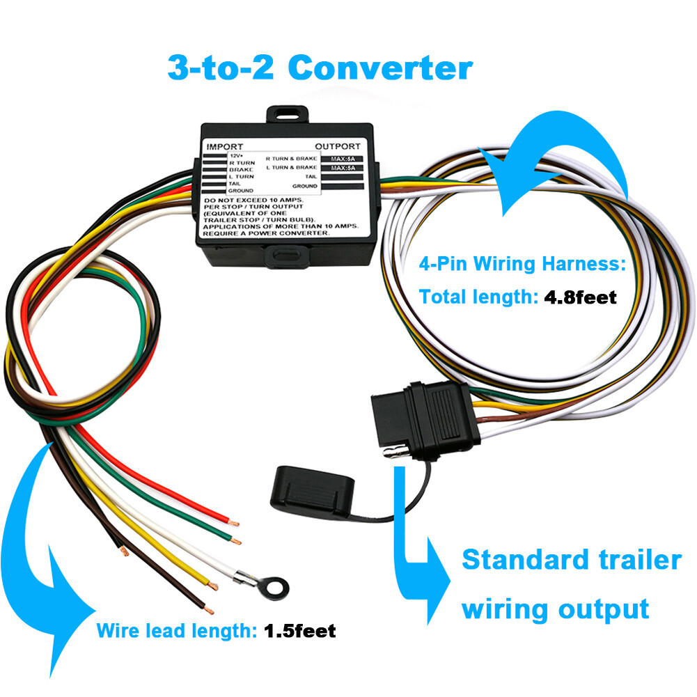 Powered 3 to 2 Wire Trailer Tail Light Converter with 4-Way Flat Wire Connector