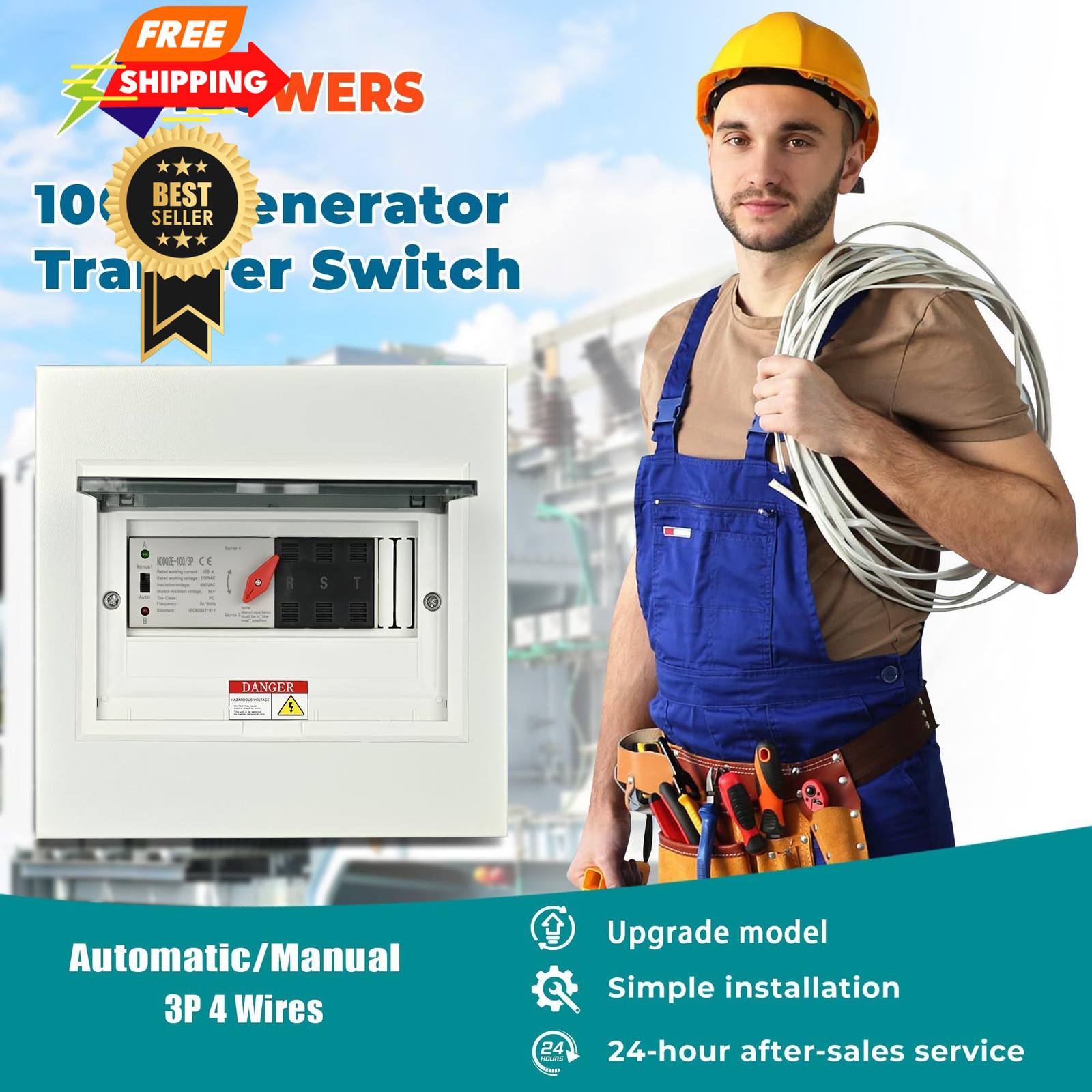 Automatic Transfer Switch, 100 Amp 3 Pole Auto Switch for Home...